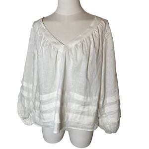 Esmaee 100% Linen Glow Blouse XS White Balloon Sleeve Peasant Top Coastal Chic